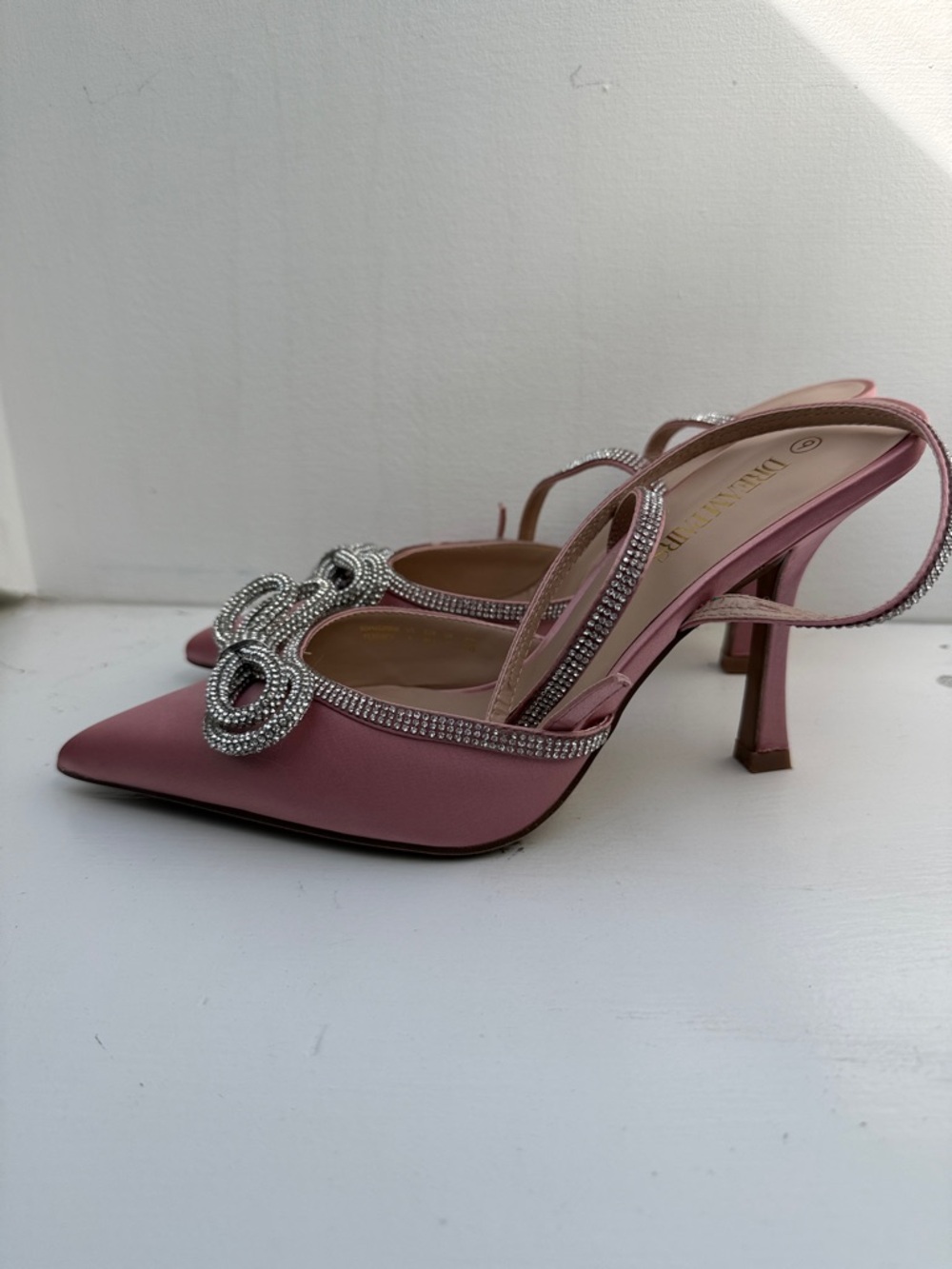 Pink Satin Pointed-Toe Slingback Heels with Crystal Bow - Picture 2 of 4